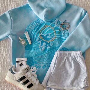 Everything comes in waves Pink palm puff hoodie in blue with OG DUSTBAG + BOX